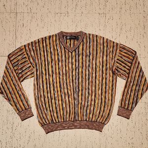 Tundra Multi Color Coogi Style Textured Knit V-Neck Pullover Sweater Vintage Y2K
